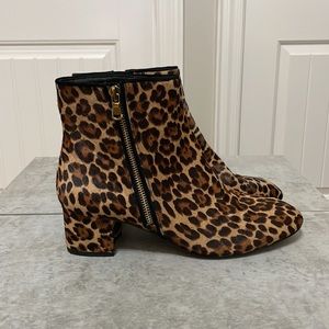 Genuine calf-hair leather 1.5 “ block heel bootie. Gold side zipper